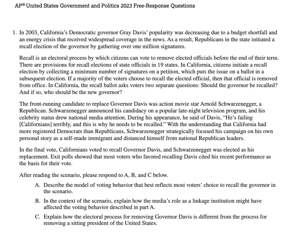 samples from AP US Government and Politics exam